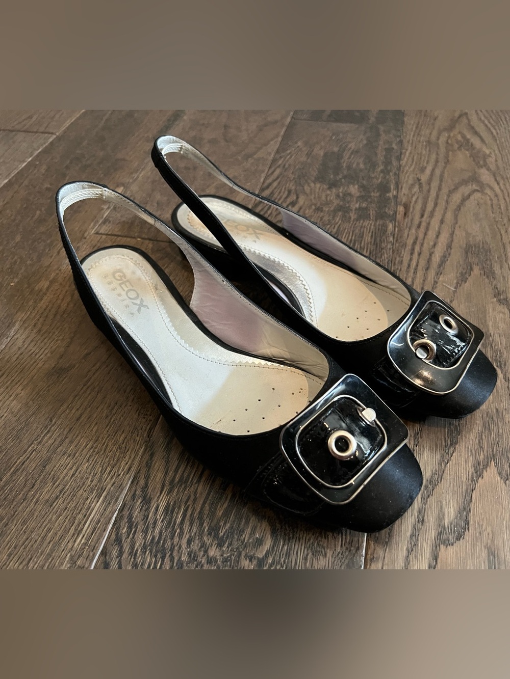 Geox Black Slingback Flats with Buckle Detail, Size 9